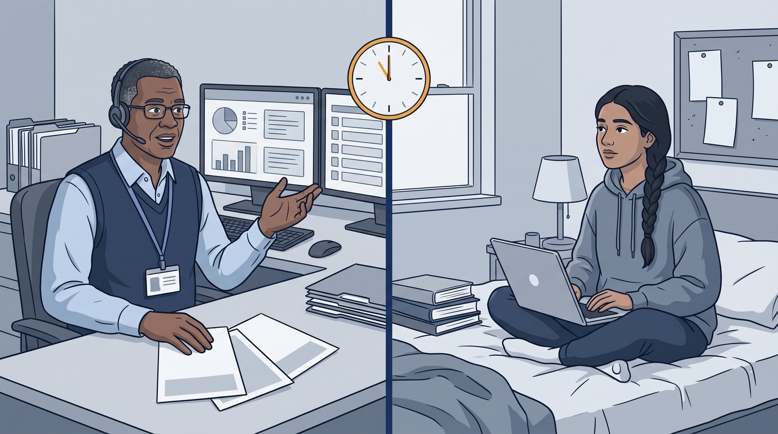 Illustrated scene from the course: a counsellor mid-pitch at his desk while, in a separate panel, the student on her bed has stopped listening