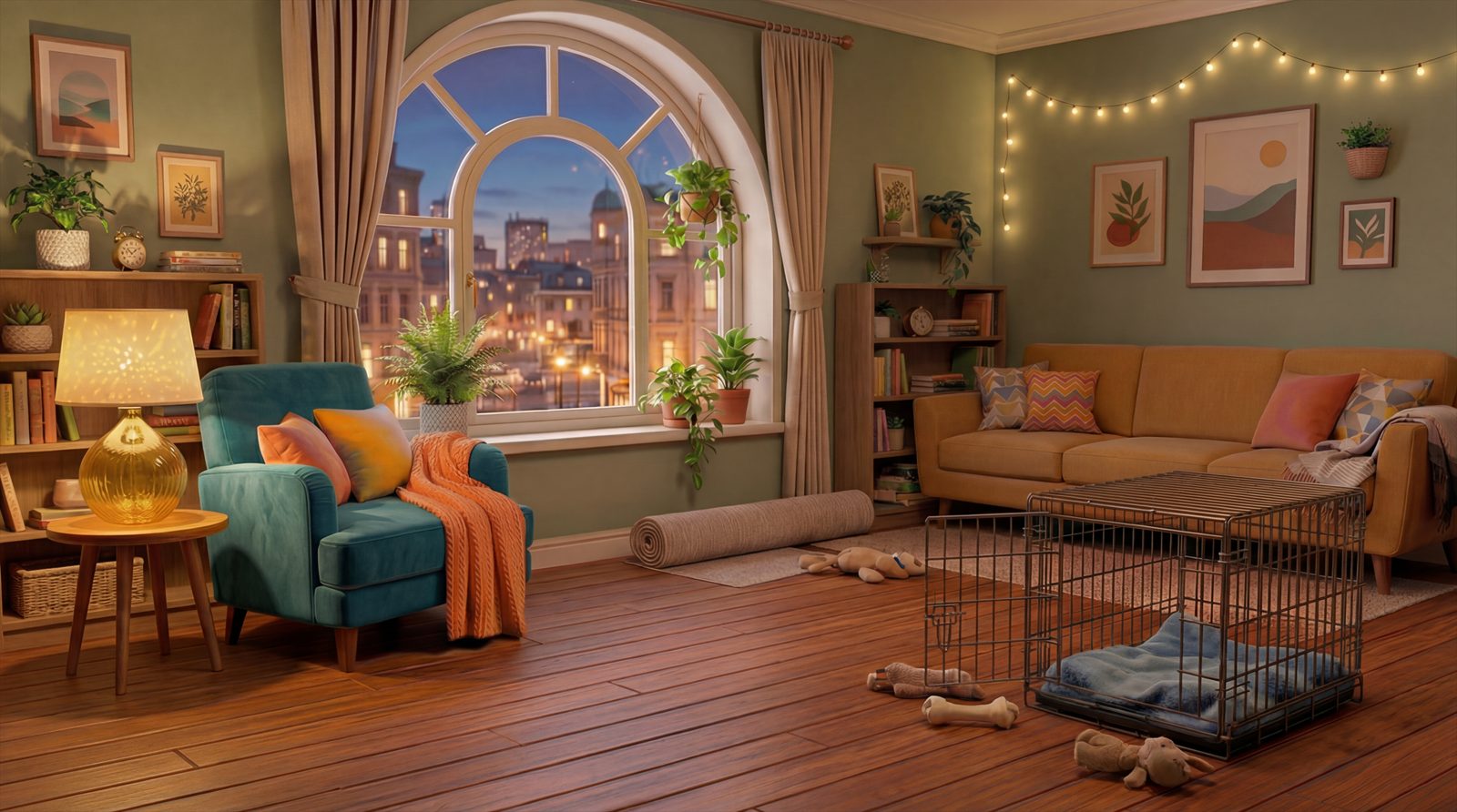 A cozy evening living room with a teal armchair, warm lamp light, an arched window over a city skyline, and an open dog crate with plush toys on the floor: the first-night scene at the heart of First72Hours.