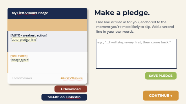 The Pledge Card slide as the learner sees it: a 'Make a pledge' screen where one line is pre-filled from the learner's weakest moment, a free-text box for their own second line, and Save Pledge, Download, and Share on LinkedIn buttons.