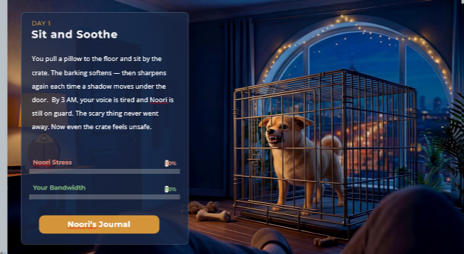 The Day 1 'Sit and Soothe' slide as the learner sees it: a night-time living room, Noori alert inside an open crate, the scene text describing the 3 AM standoff, and the Noori Stress and Your Bandwidth meters at the bottom left next to a Noori's Journal button.